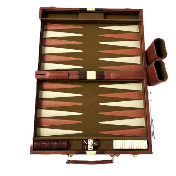 Backgammon Set Faux  Brown Cream Leather Case Complete - Picture 8 of 11